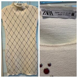 Zara Cream Studded Knit Dress with Diamond Pattern